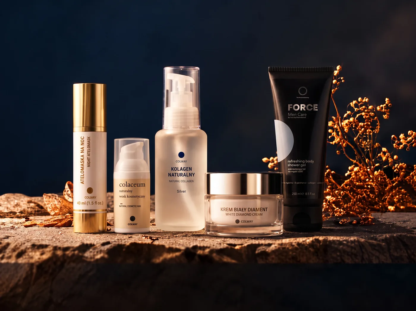 Zestaw kosmetyków: odświeżający żel do mycia, krem Biały Diament, Kolagen Naturalny Silver, Atelomaska, Colaceum