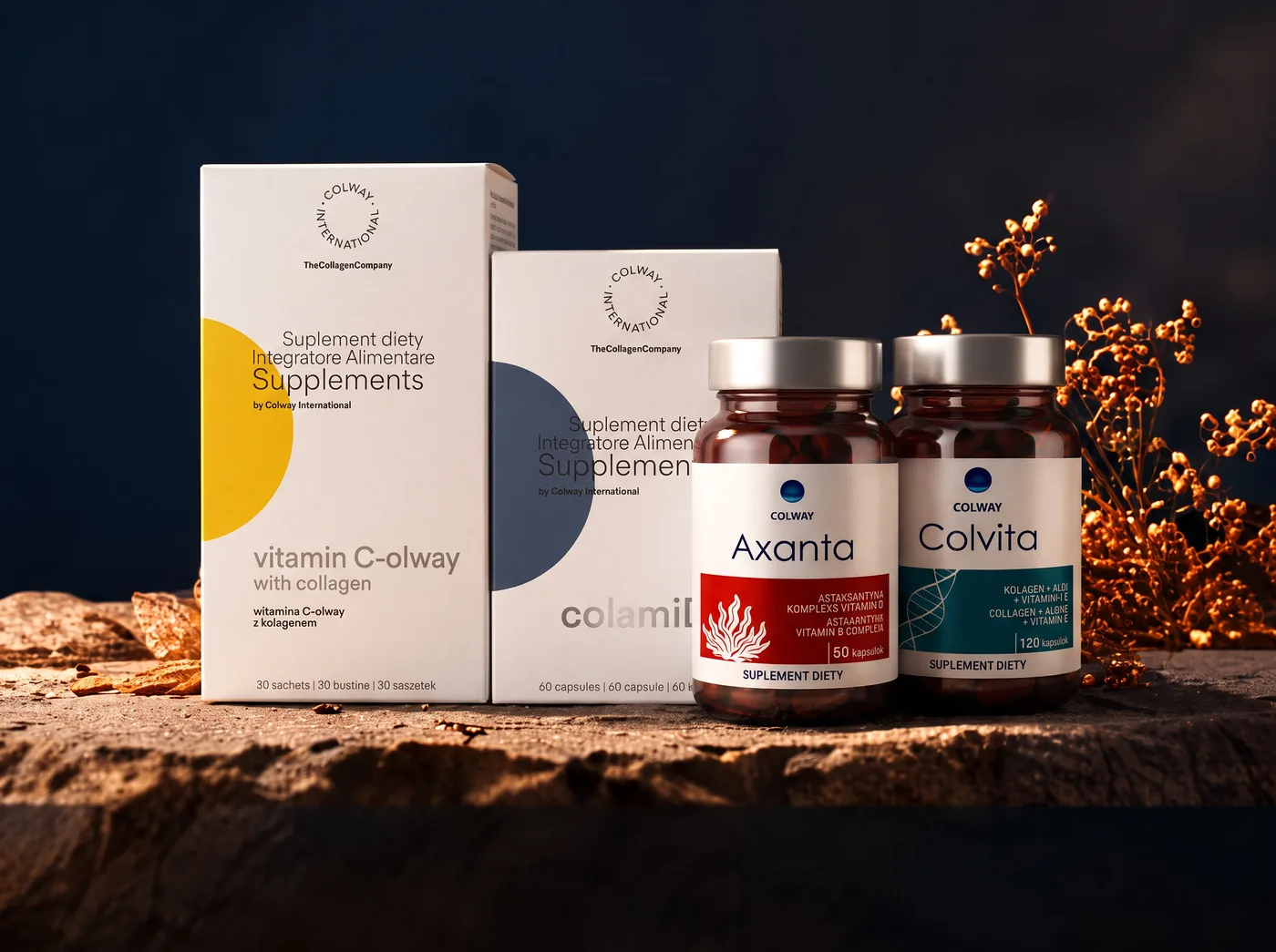 Zestaw suplementów: Colvita 120, Axanta, Witamina C-olway z kolagenem, ColamiD